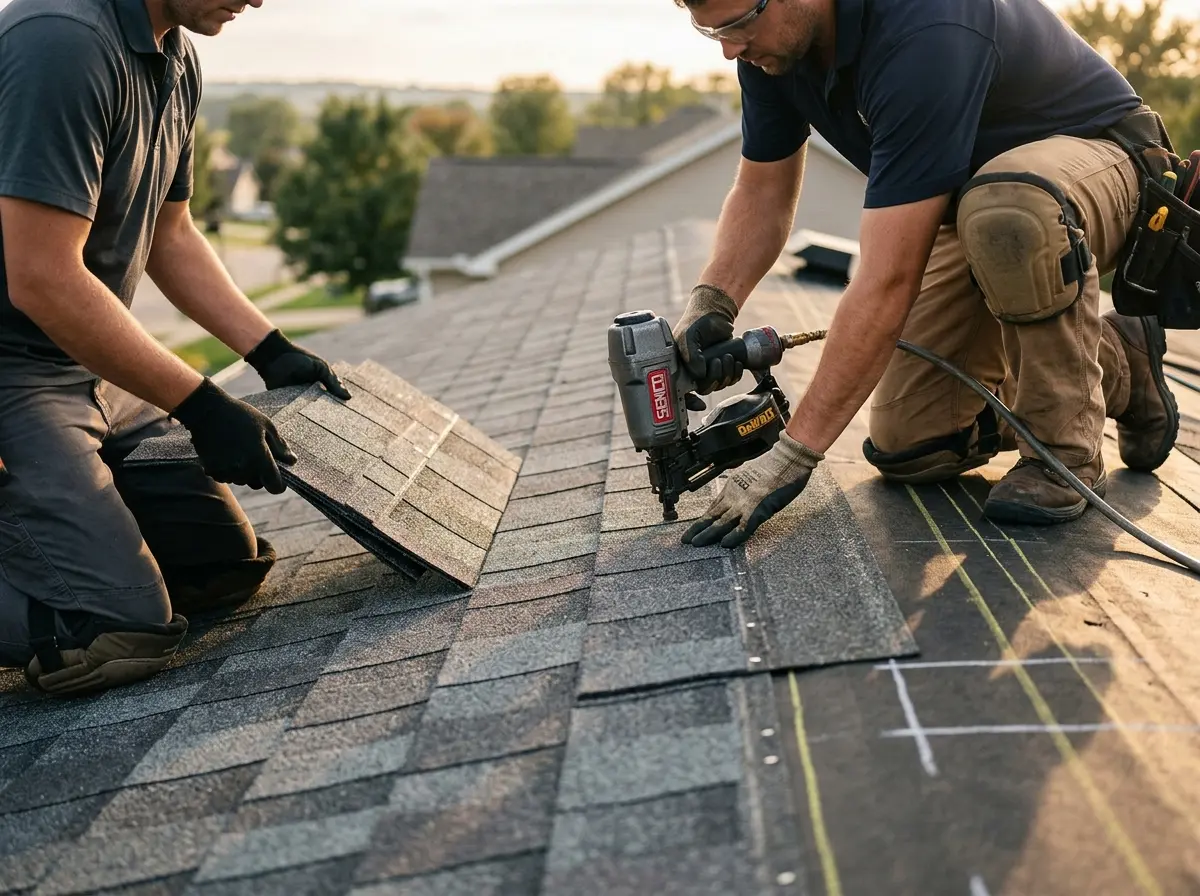 Professional roofer working on a residential roof in Monessen